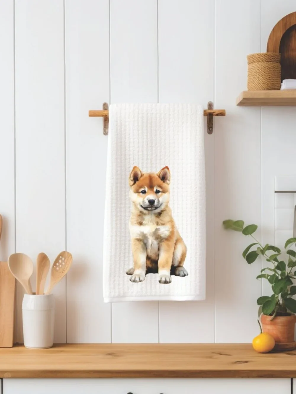Akita Puppy Waffle Weave Decorative Kitchen Tea Towel